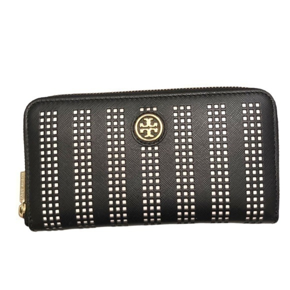 Tory Burch Robinson perforated black saffiano leather zipper clutch wallet
